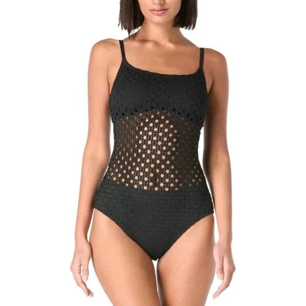 Carmen Marc Valvo One Piece Swimsuit Women‎ 14 Black Eyelet Padded Crochet